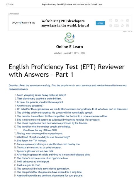 English Proficiency Test (EPT) Reviewer With .